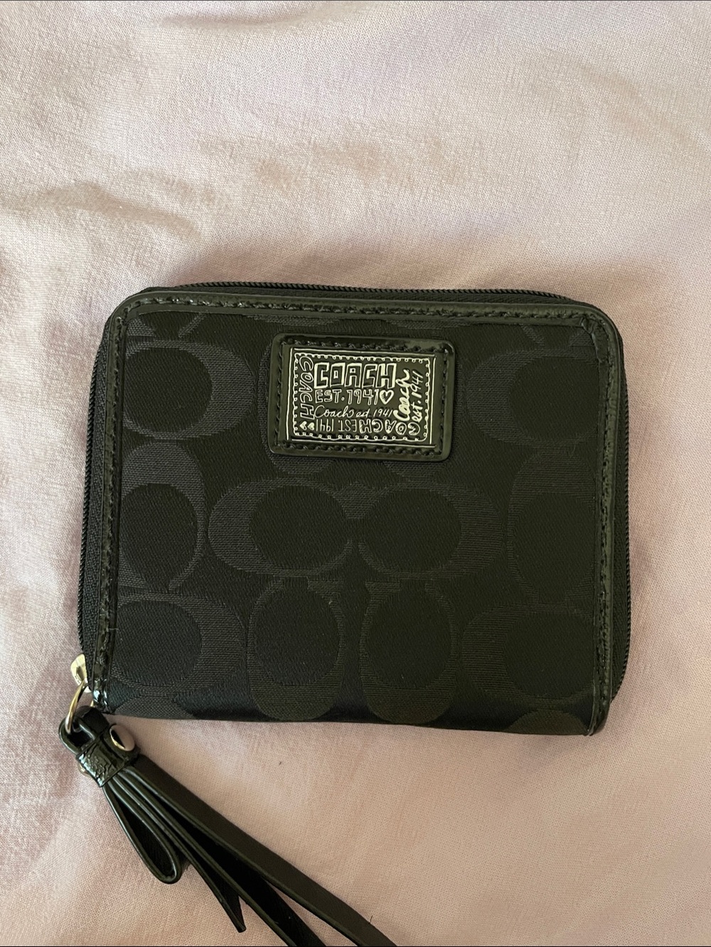 Coach Black Signature Zip Card Holder with Tassel